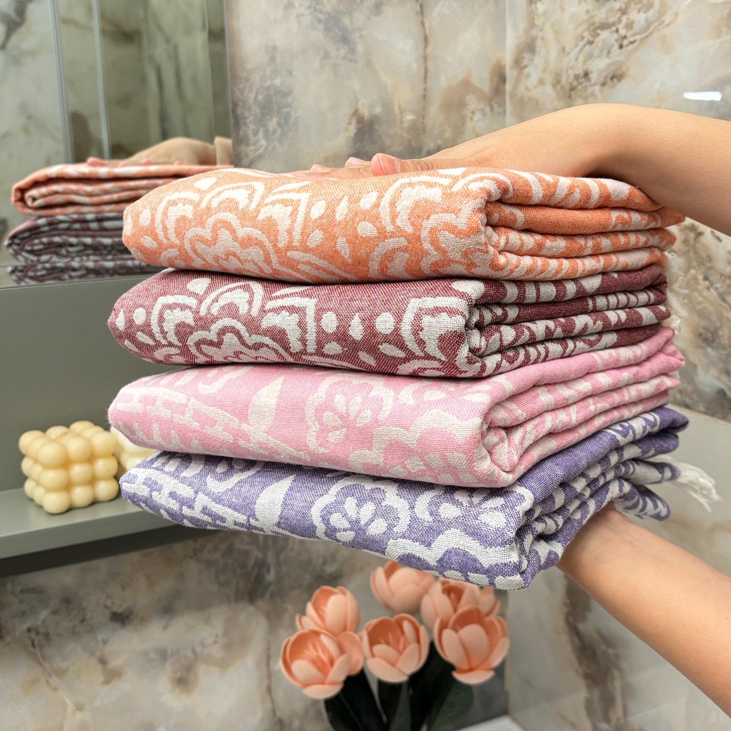 Floral Turkish Towel: 100% Cotton Peshtemal, Custom Embroidery Available