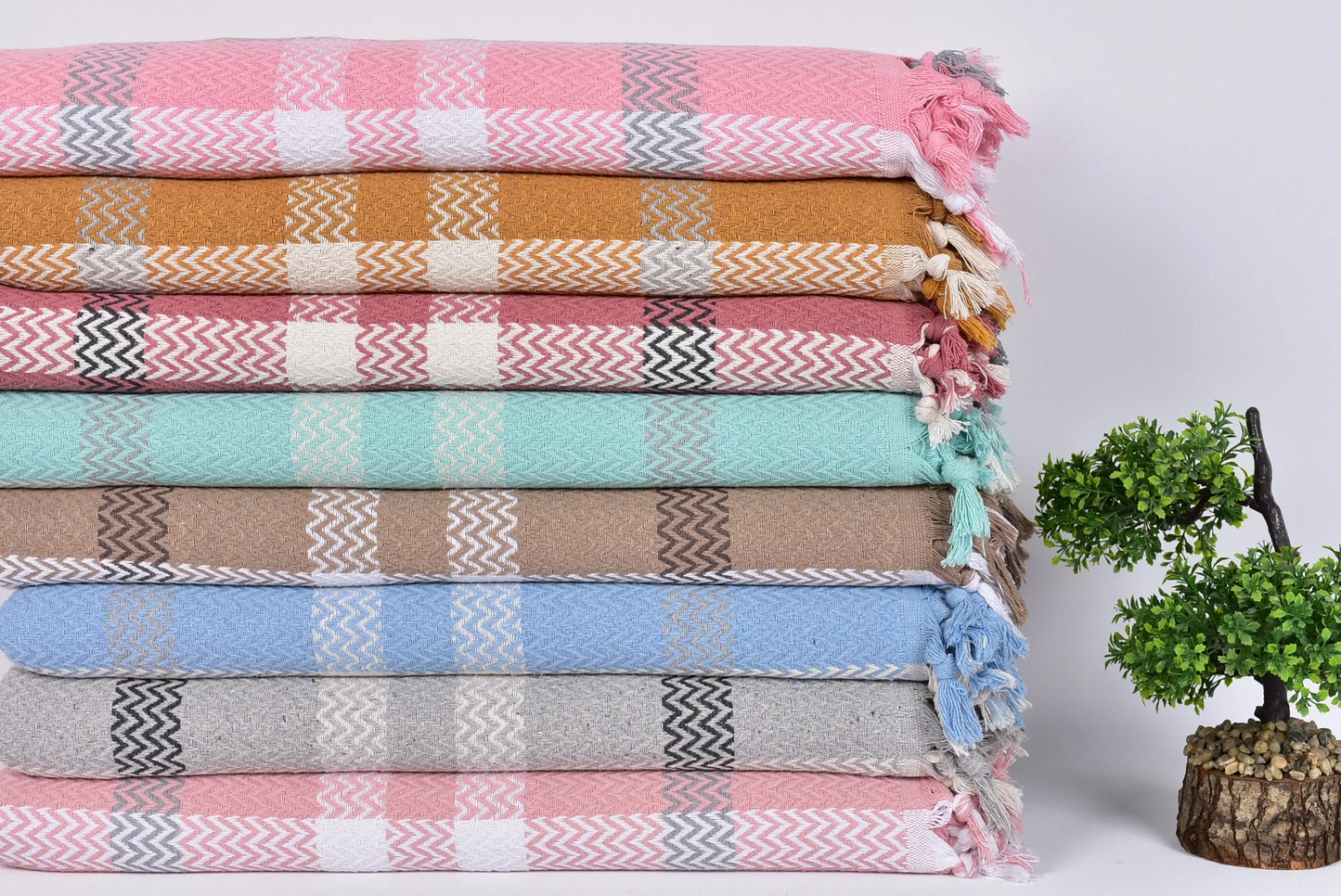 Turkish Throw Blanket Striped Bedspread Beige, 79x91 Inches