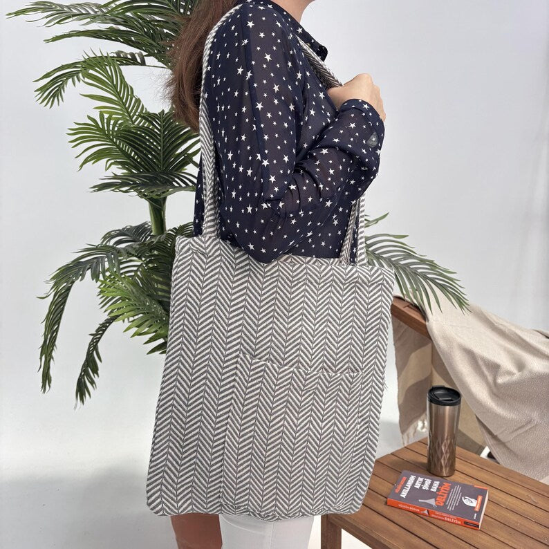 Monochrome Wave Convertible Turkish Towel Beach Bag