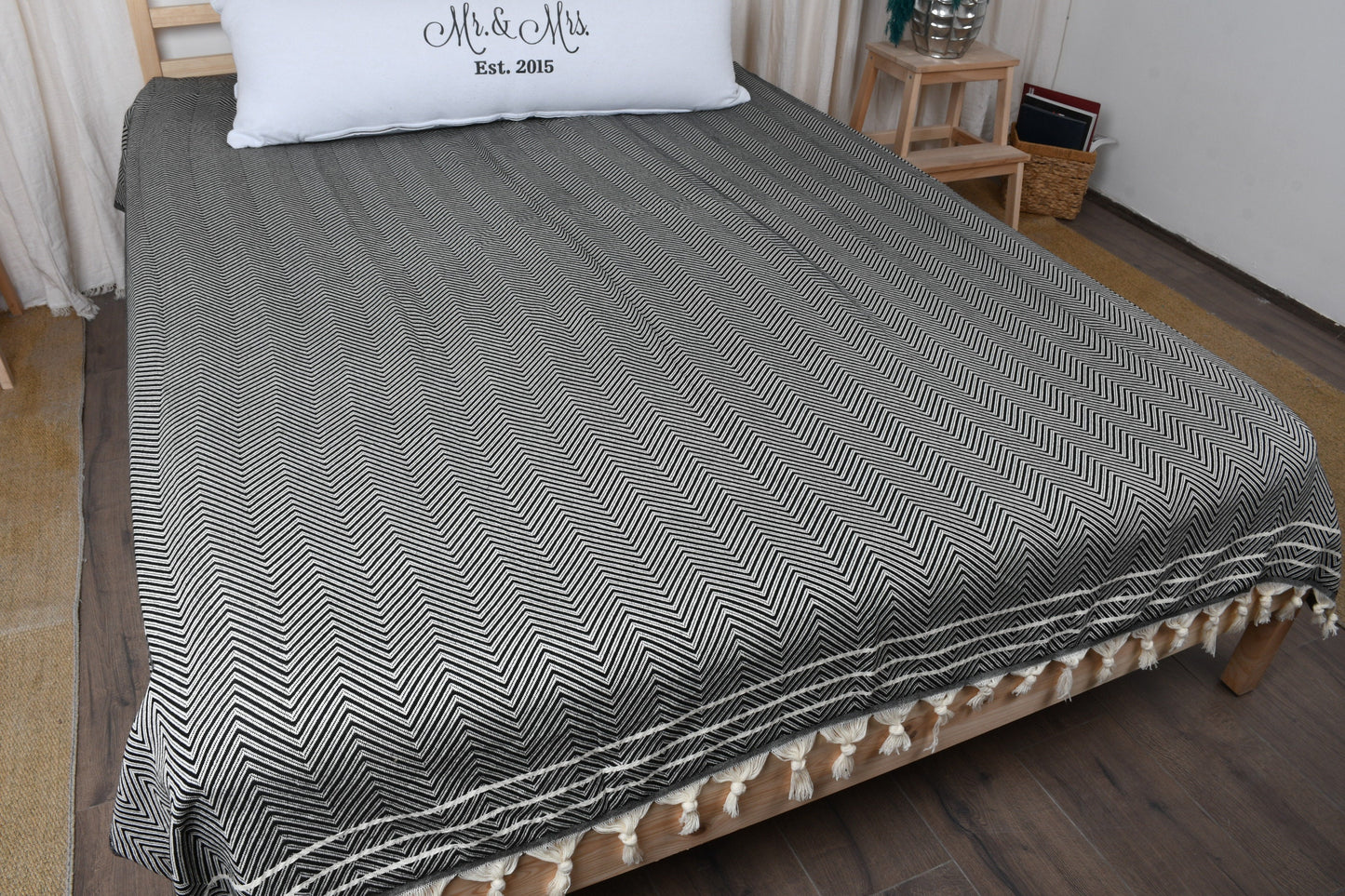 Turkish Bedspread, Picnic Blanket, Diamond Black Throw, 71x95 Inches Couch Cover, Yoga Bedspread, Camping Bedspread, Couch Bedcover