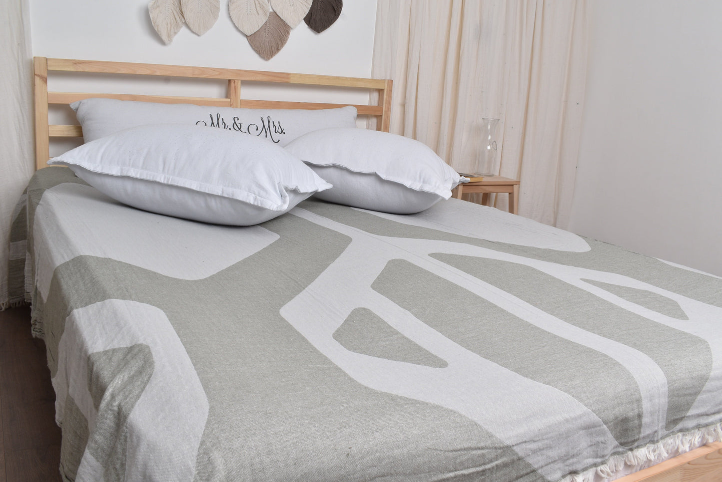 Organic Turkish Cotton Blanket: Khaki Green-Gray Honeycomb Bedspread