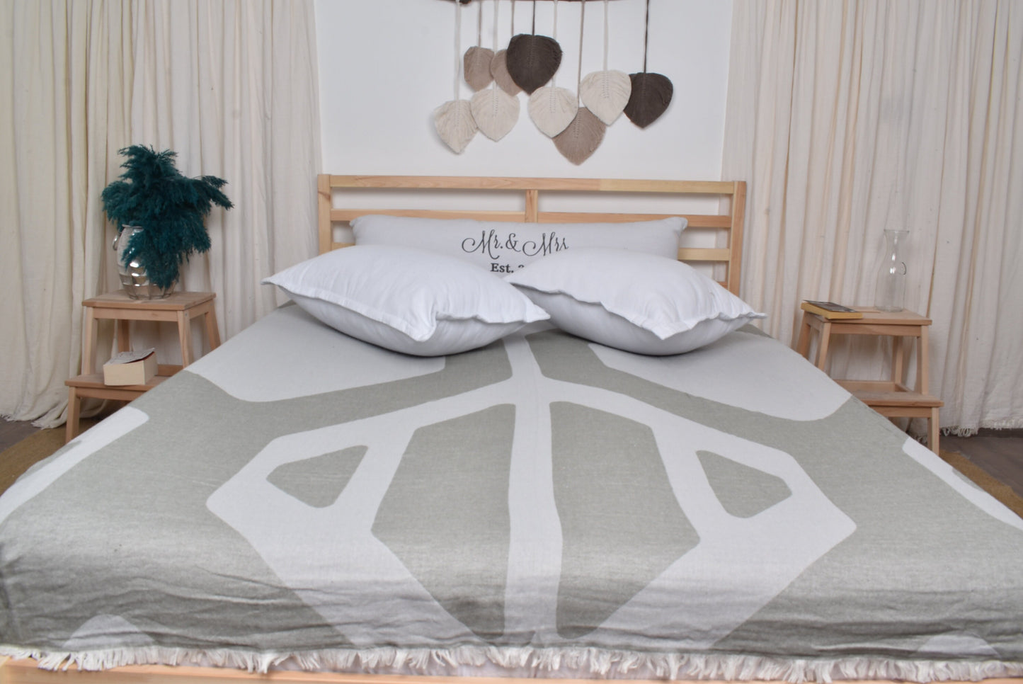 Organic Turkish Cotton Blanket: Khaki Green-Gray Honeycomb Bedspread