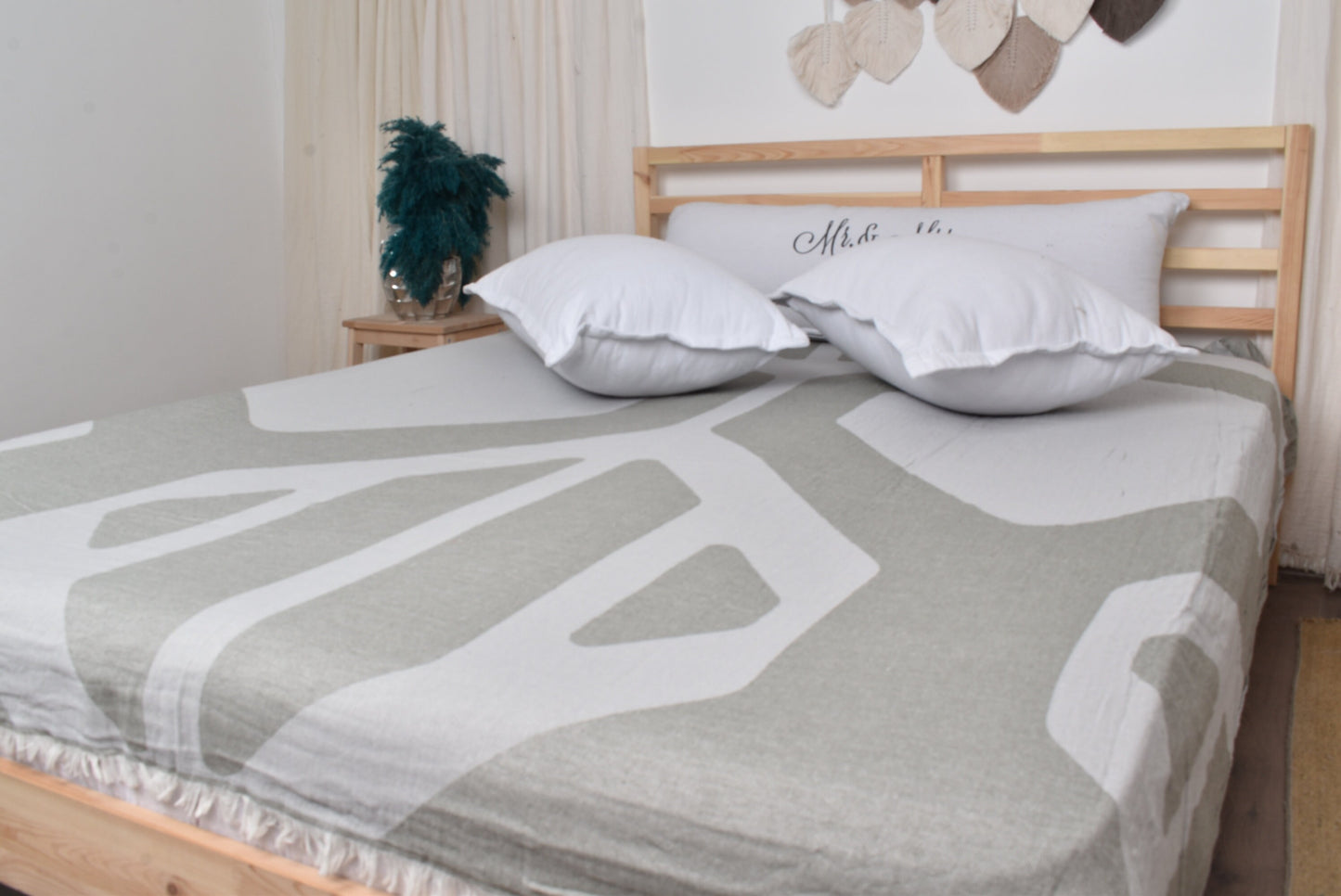Organic Turkish Cotton Blanket: Khaki Green-Gray Honeycomb Bedspread