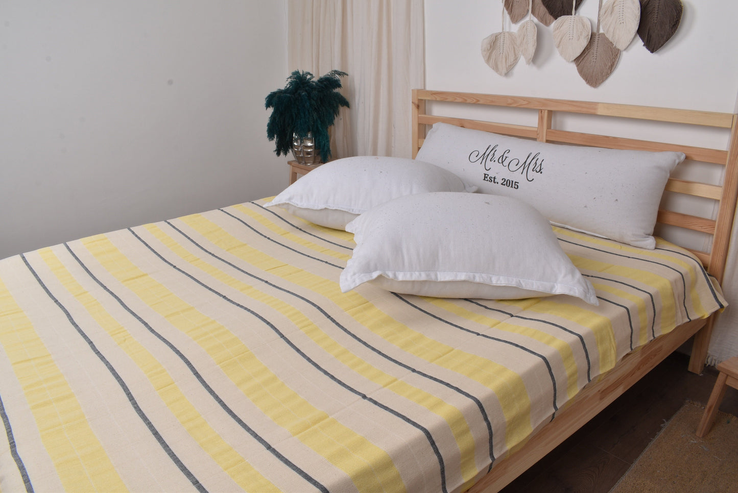 Decorative Sofa Blanket, Turkish Bedspread, Striped Navy Blue-Yellow Throw, 79x99 Inches Cotton Bed Cover, Yoga Throw, Bulk Order Blanket