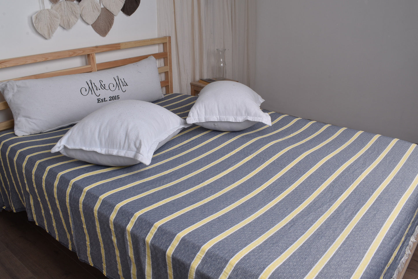 Home Decor Blanket, Custom Blanket, Navy Blue-Yellow Throw, Cotton Striped Blanket, 83x95 Inches Couch Cover, Gift Throw, Designer Throw