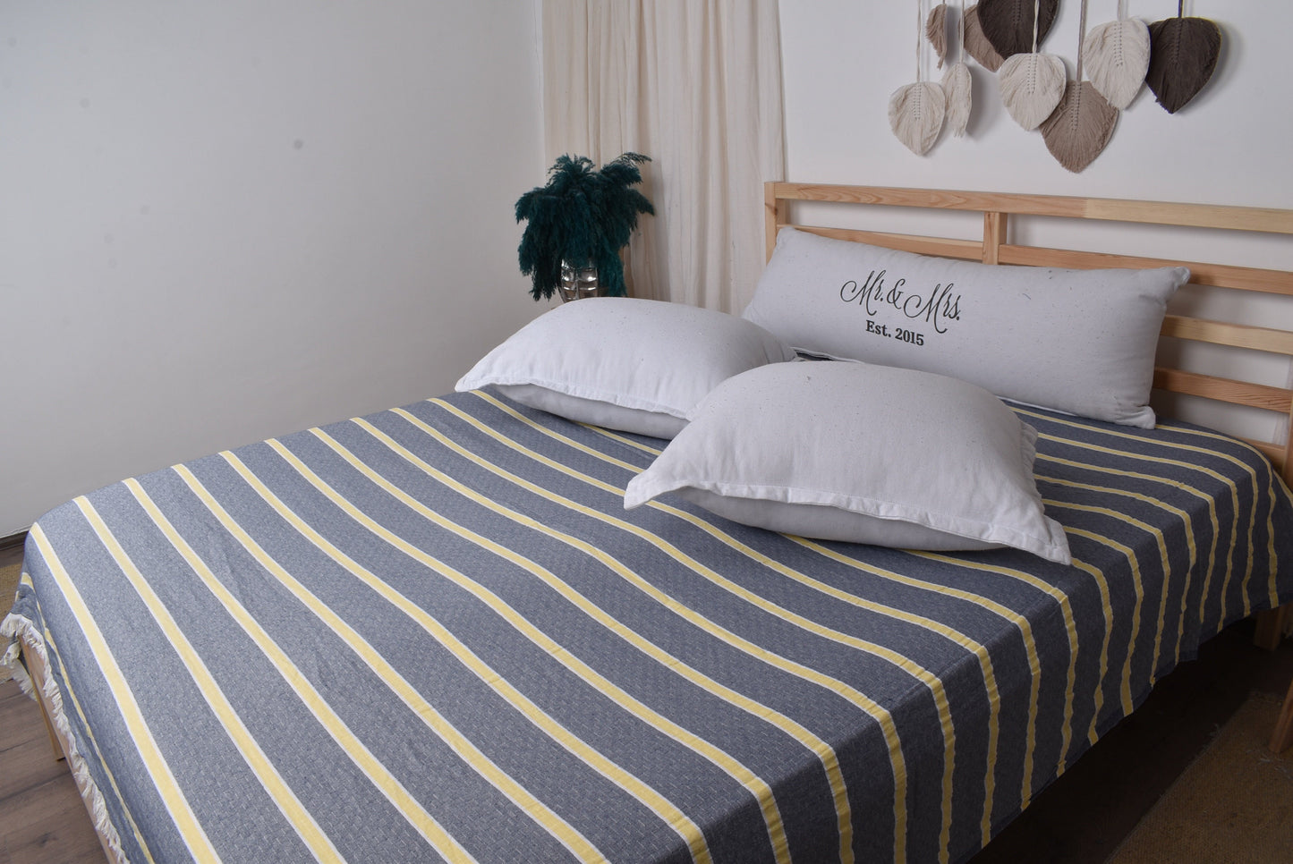 Home Decor Blanket, Custom Blanket, Navy Blue-Yellow Throw, Cotton Striped Blanket, 83x95 Inches Couch Cover, Gift Throw, Designer Throw