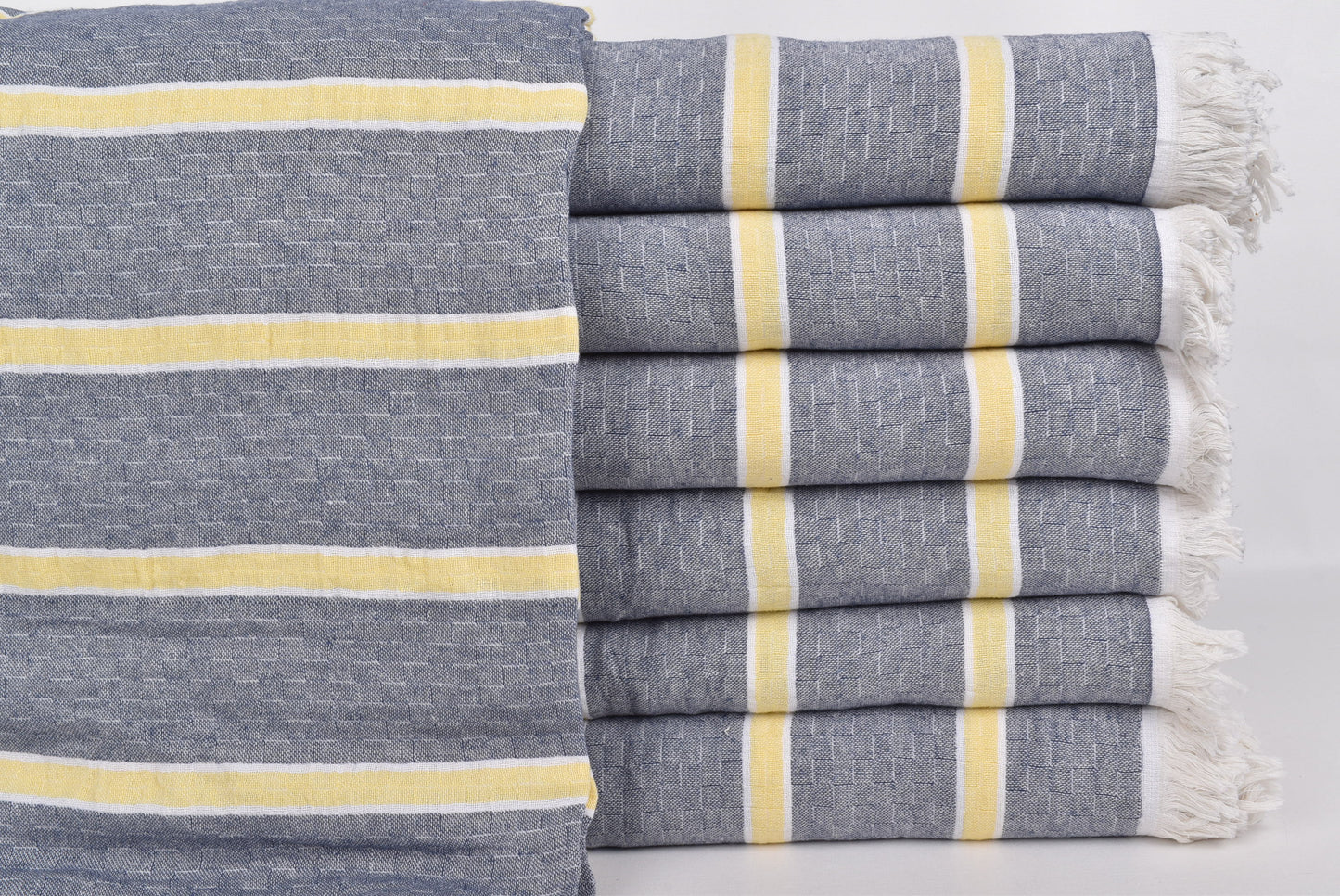 Home Decor Blanket, Custom Blanket, Navy Blue-Yellow Throw, Cotton Striped Blanket, 83x95 Inches Couch Cover, Gift Throw, Designer Throw