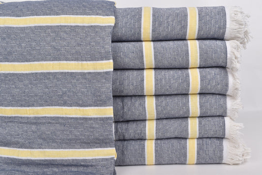 Wohndecke, personalisierte Decke, marineblau-gelbe Decke, gestreifte Baumwolldecke, 210x240 cm Sofabezug, Geschenkdecke, Designerdecke