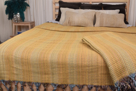 Großhandel Sofaüberwurf, Senfgelber Überwurf aus Bio-Baumwolle, Bunte Decke, 221x226 cm Decke, Sofadecke, King-Size Überwurf, Warme Decke