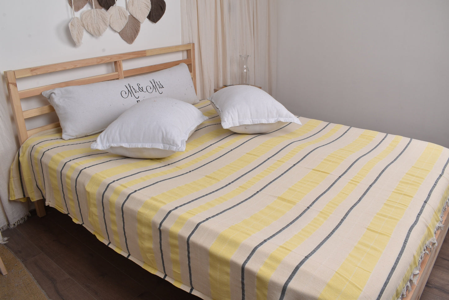 Decorative Sofa Blanket, Turkish Bedspread, Striped Navy Blue-Yellow Throw, 79x99 Inches Cotton Bed Cover, Yoga Throw, Bulk Order Blanket