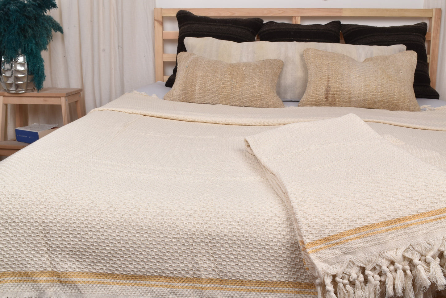 Turkish Bedspread, Handwoven Blanket, Mustard Throw, Striped Throw, 91x93 Inches Designer Bedspread, Decor Throw, Yoga Blanket