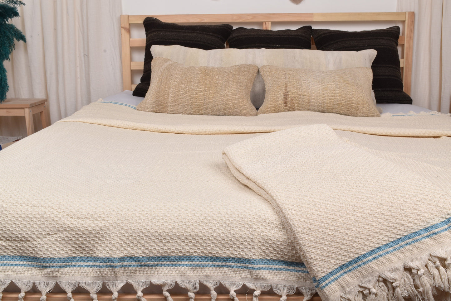 Wholesale Turkish Blankets, Decorative Couch Throw, Turquoise Striped Throw, 91x93 Inches Organic Cotton Bedspread, Designer Blanket
