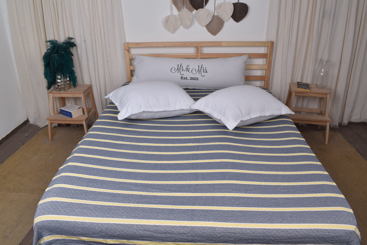 Home Decor Blanket, Custom Blanket, Navy Blue-Yellow Throw, Cotton Striped Blanket, 83x95 Inches Couch Cover, Gift Throw, Designer Throw