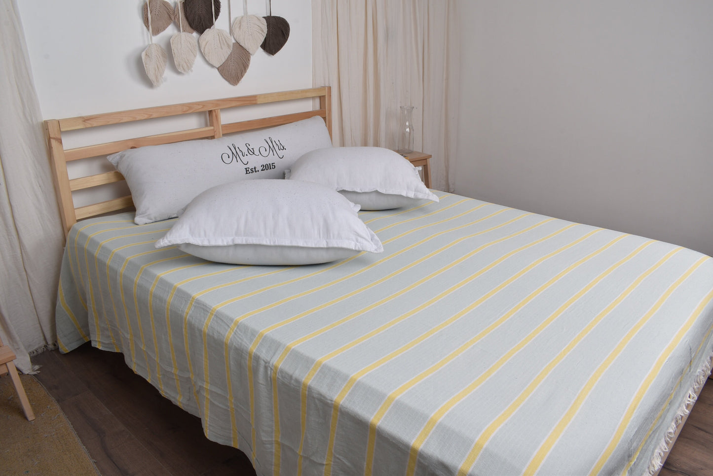 Custom Blanket, Large Organic Turkish Towel, Mint-Yellow Blanket, Striped Blanket, 83x95 Inches Blanket, Camping Blanket, Decorative Blanket