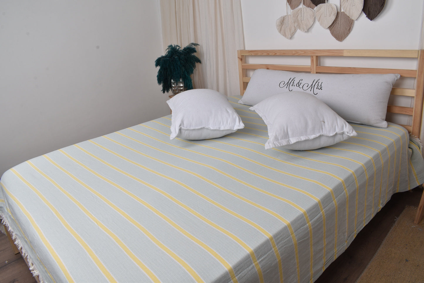 Custom Blanket, Large Organic Turkish Towel, Mint-Yellow Blanket, Striped Blanket, 83x95 Inches Blanket, Camping Blanket, Decorative Blanket