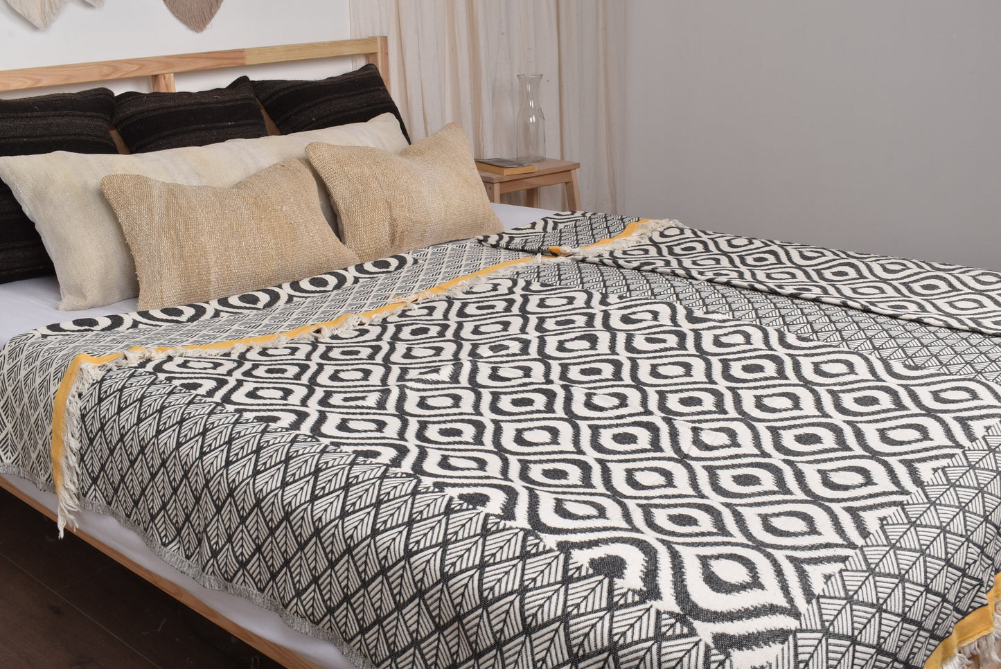 Turkish Throw Blanket, Black-Mustard Throw, Diamond Design Throw, 50x67 Inches Designer Bedspread, Decor Throw, Warm Blanket